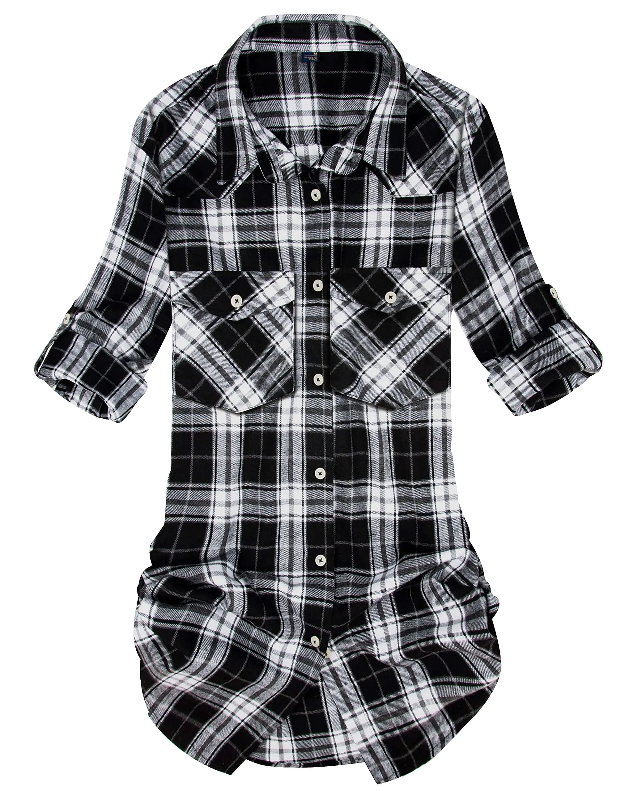 Womens Plaid Flannel Shirts Long Sleeve Roll Up Casual Button Down Shirt