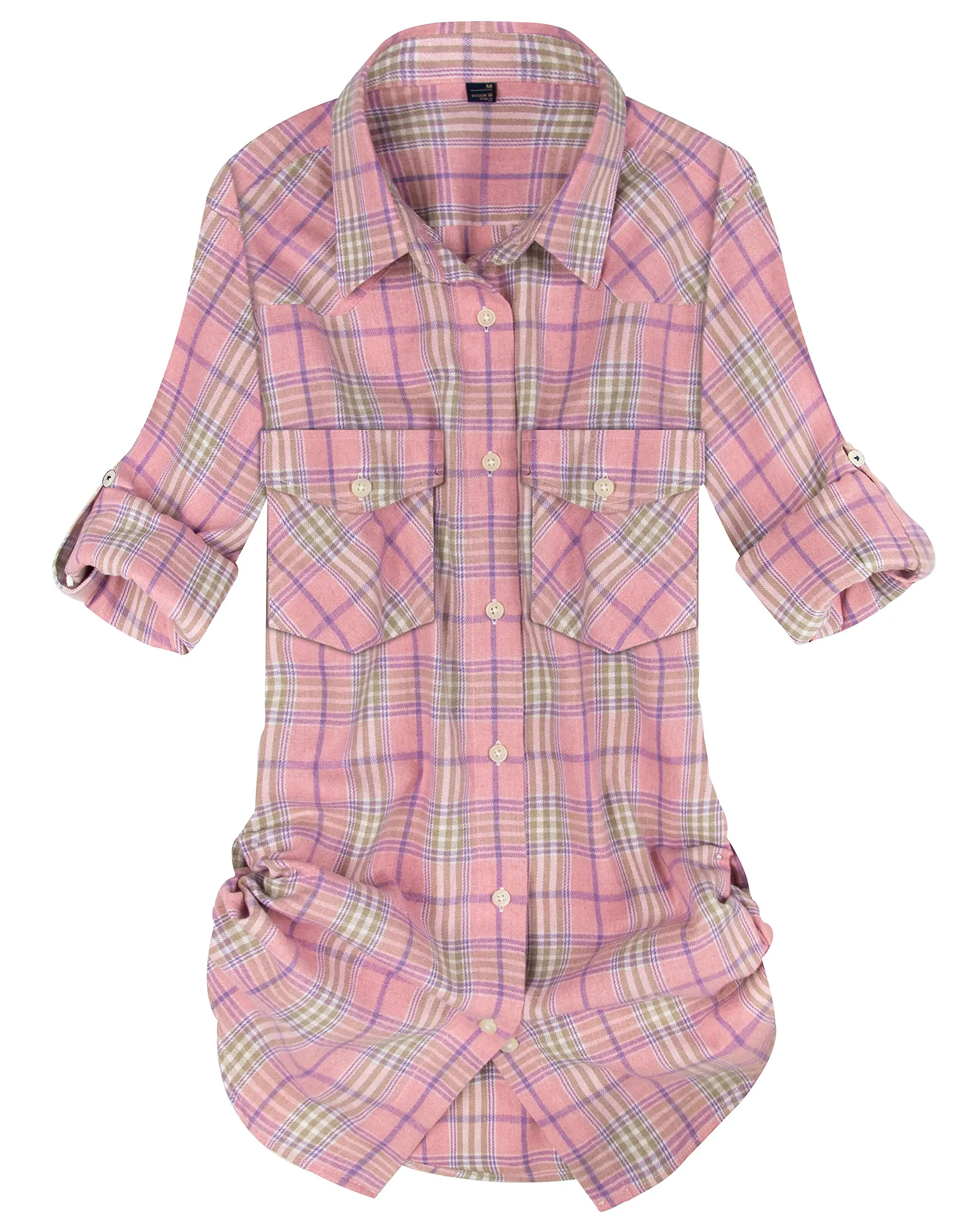 Womens Plaid Flannel Shirts Long Sleeve Roll Up Casual Button Down Shirt