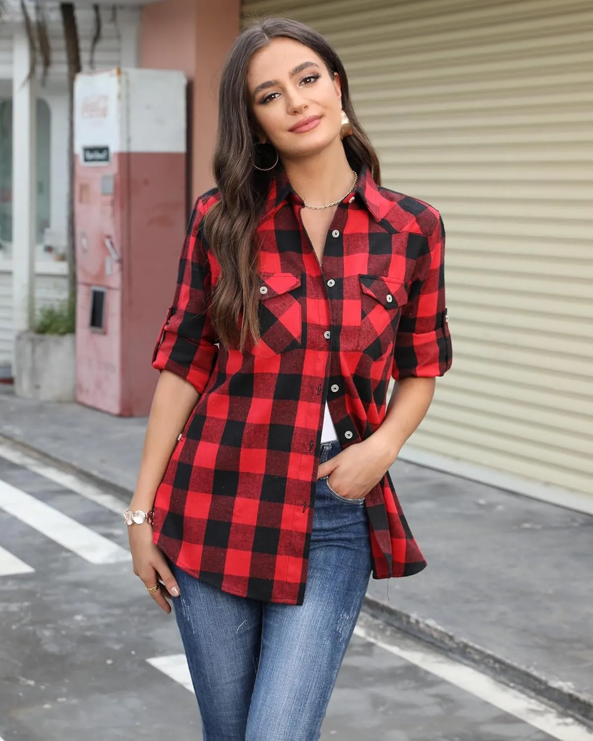 Womens Plaid Flannel Shirts Long Sleeve Roll Up Casual Button Down Shirt
