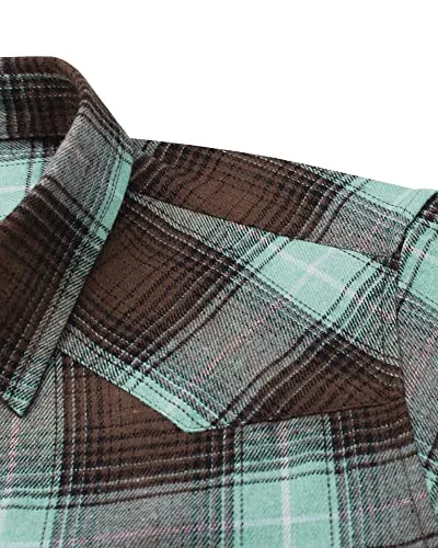 Womens Plaid Flannel Shirts Long Sleeve Roll Up Casual Button Down Shirt