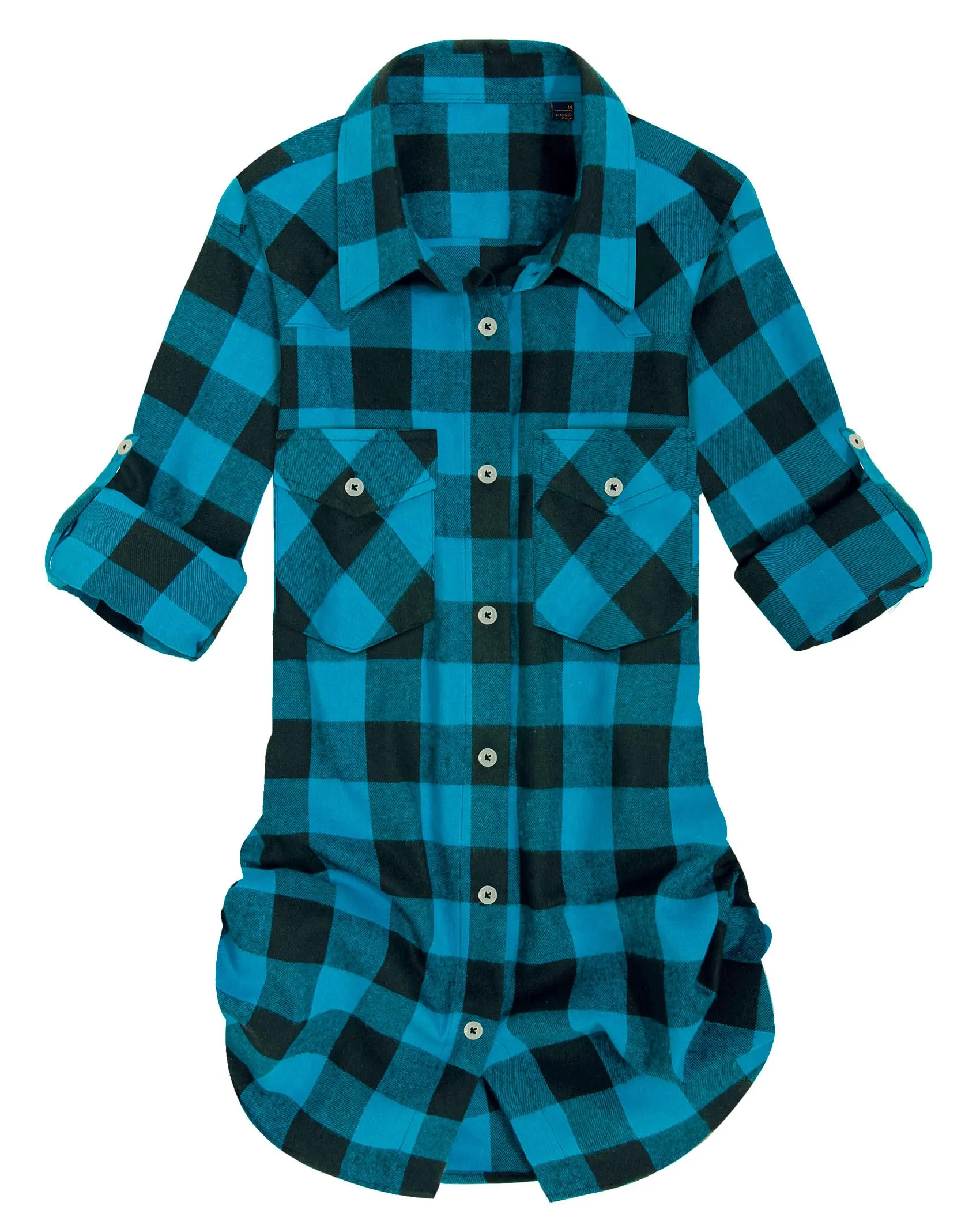 Womens Plaid Flannel Shirts Long Sleeve Roll Up Casual Button Down Shirt