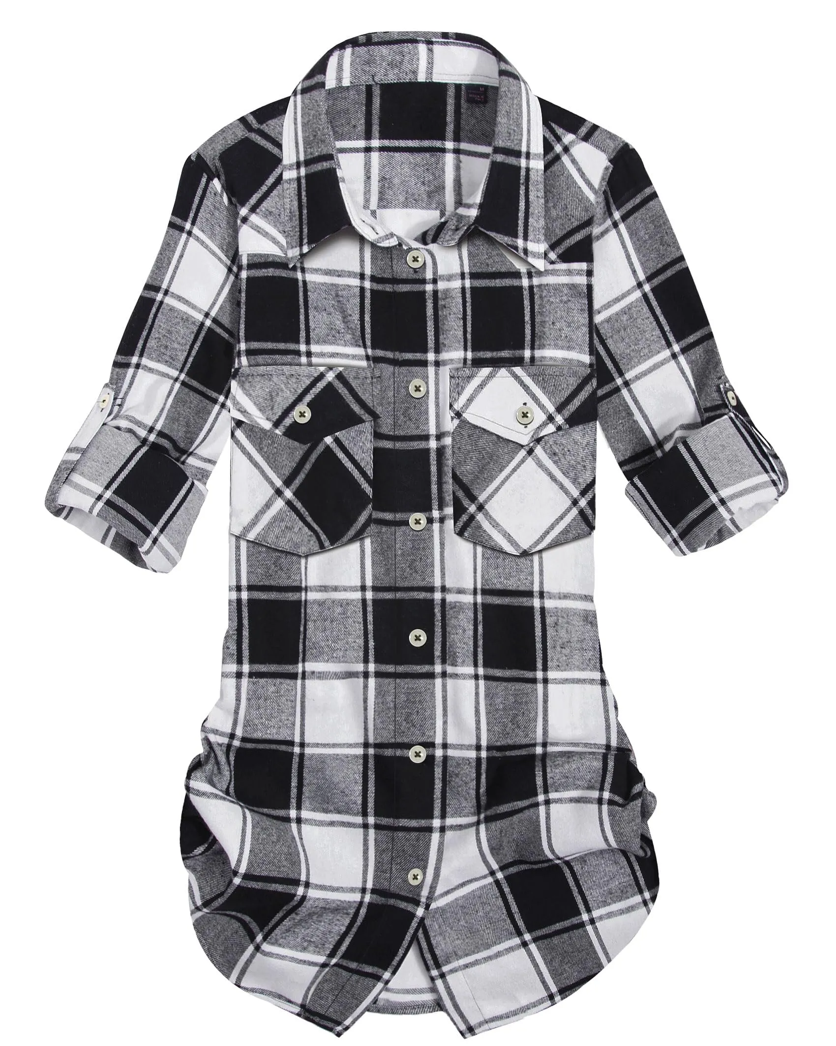 Womens Plaid Flannel Shirts Long Sleeve Roll Up Casual Button Down Shirt