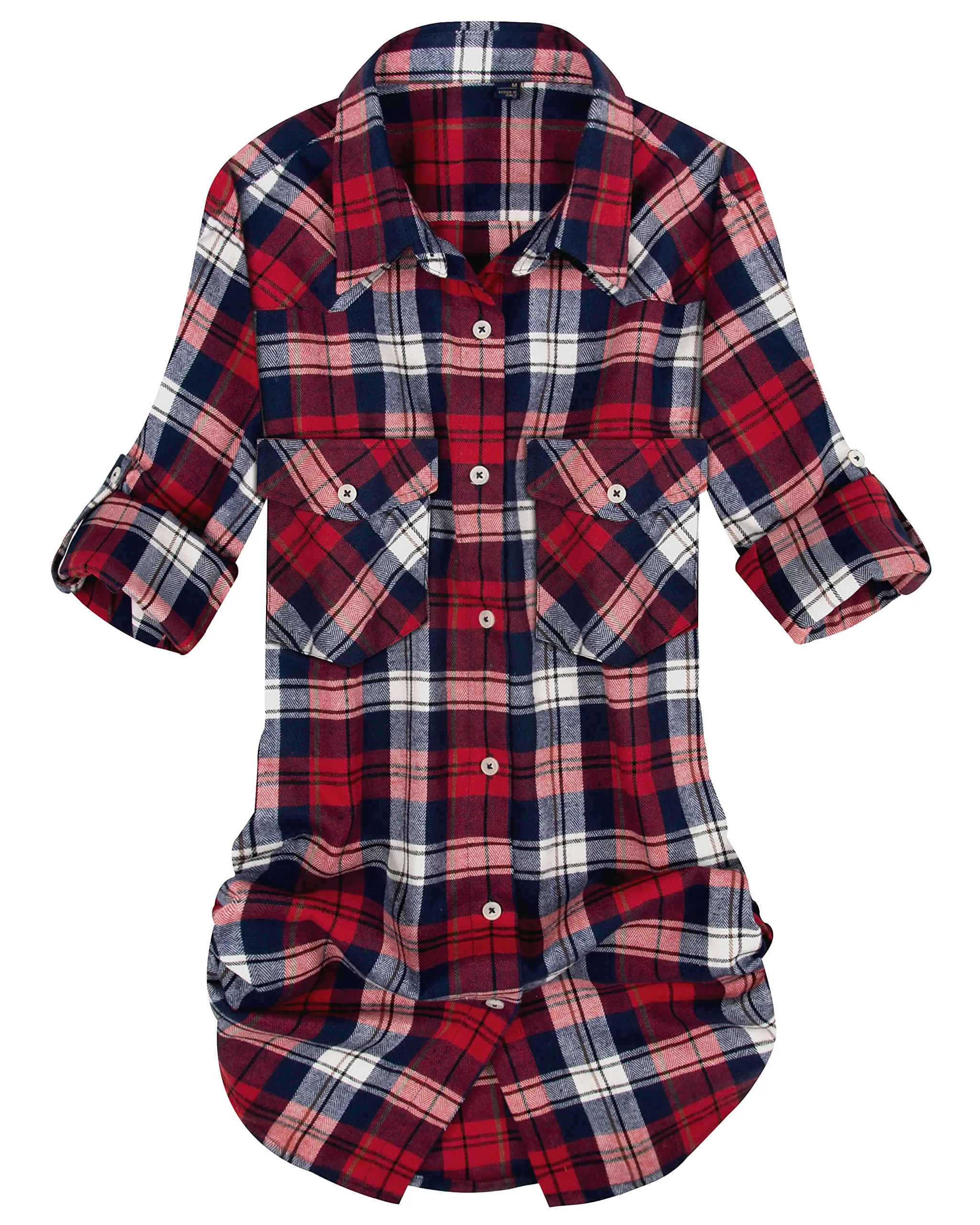 Womens Plaid Flannel Shirts Long Sleeve Roll Up Casual Button Down Shirt