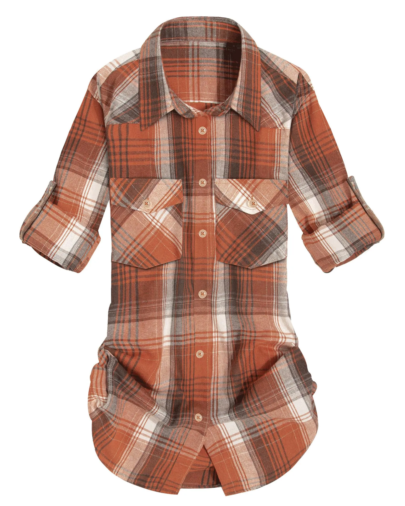 Womens Plaid Flannel Shirts Long Sleeve Roll Up Casual Button Down Shirt