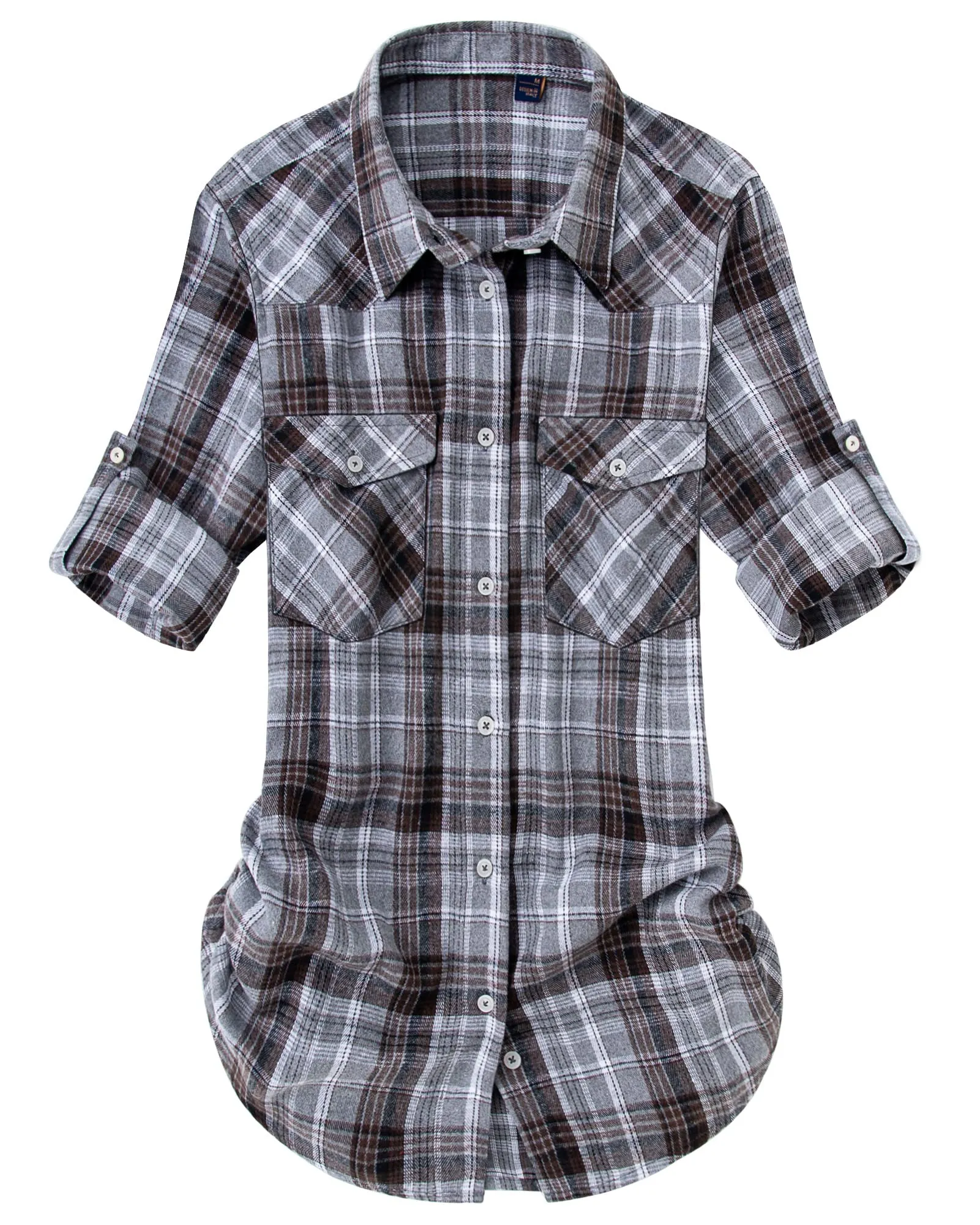 Womens Plaid Flannel Shirts Long Sleeve Roll Up Casual Button Down Shirt