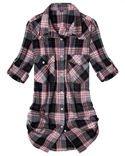 Womens Plaid Flannel Shirts Long Sleeve Roll Up Casual Button Down Shirt