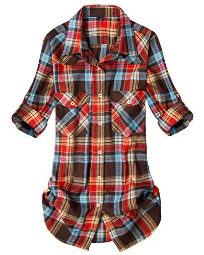 Womens Plaid Flannel Shirts Long Sleeve Roll Up Casual Button Down Shirt