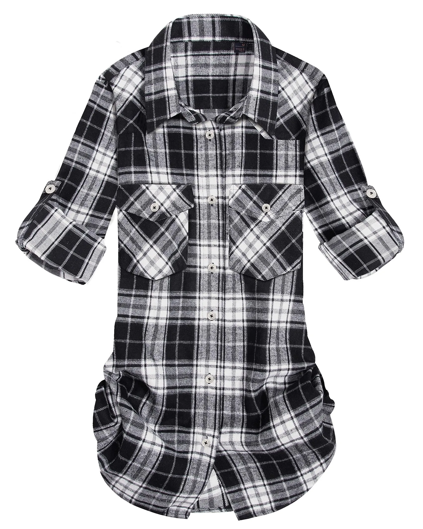 Womens Plaid Flannel Shirts Long Sleeve Roll Up Casual Button Down Shirt