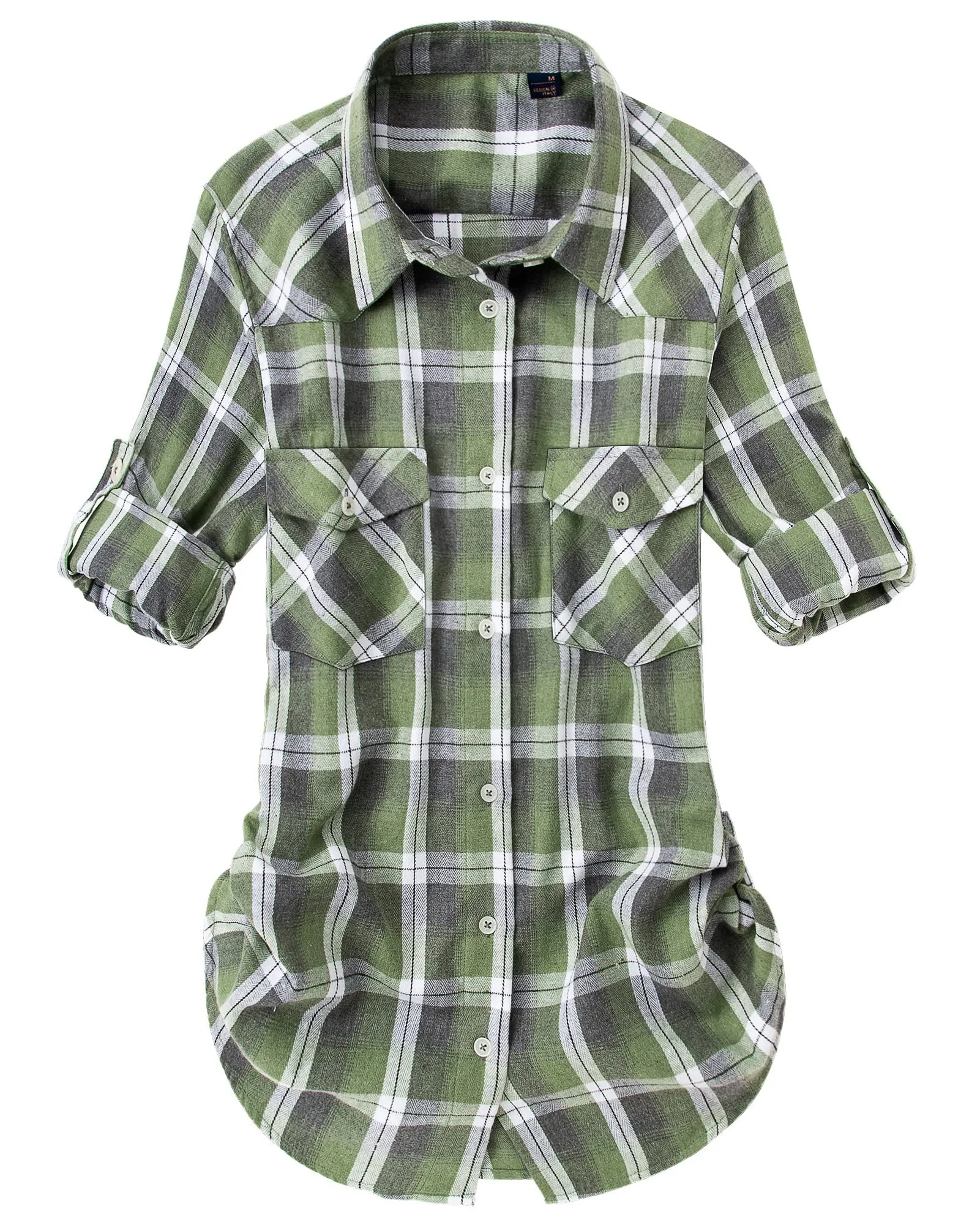 Womens Plaid Flannel Shirts Long Sleeve Roll Up Casual Button Down Shirt