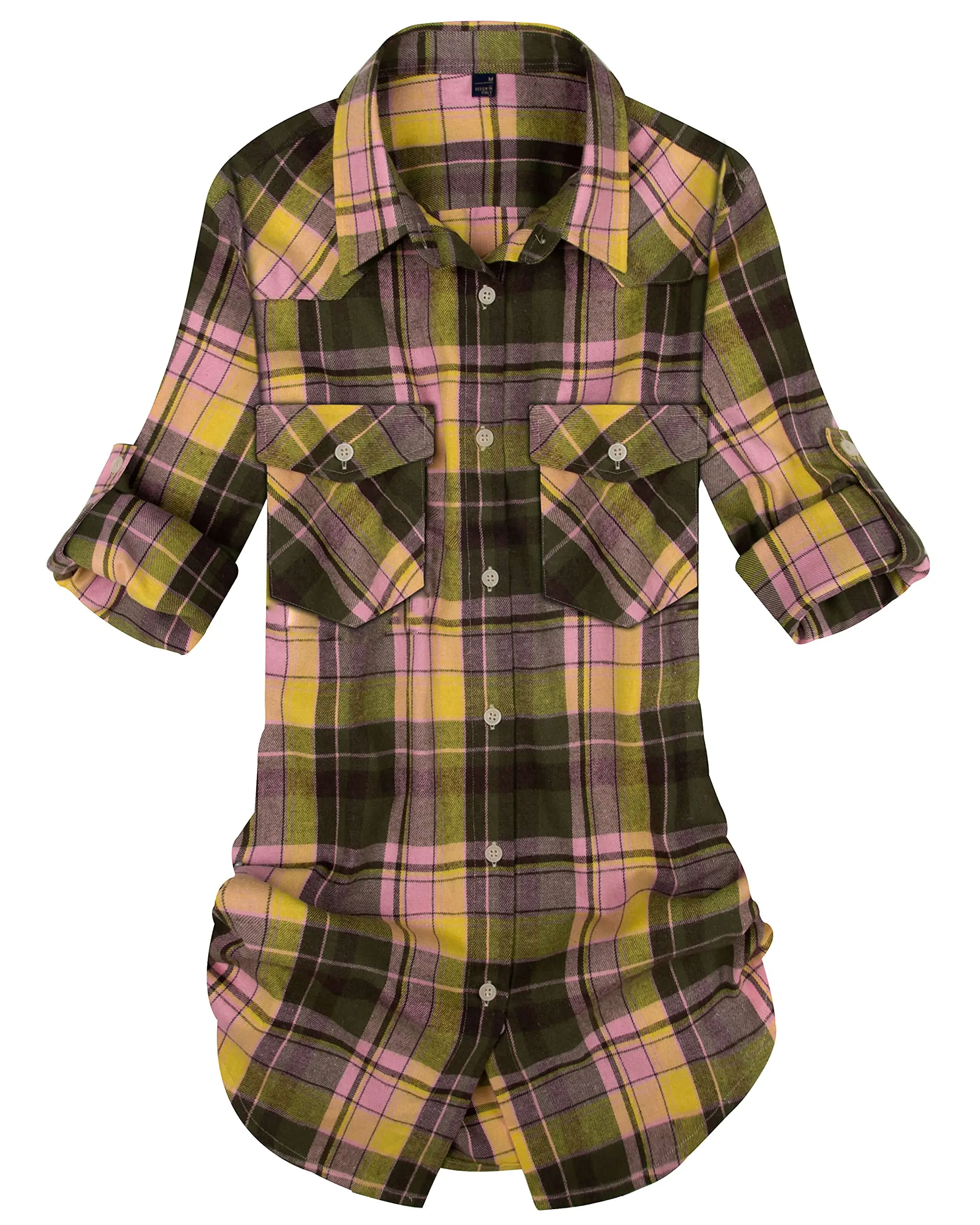 Womens Plaid Flannel Shirts Long Sleeve Roll Up Casual Button Down Shirt
