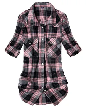 Womens Plaid Flannel Shirts Long Sleeve Roll Up Casual Button Down Shirt