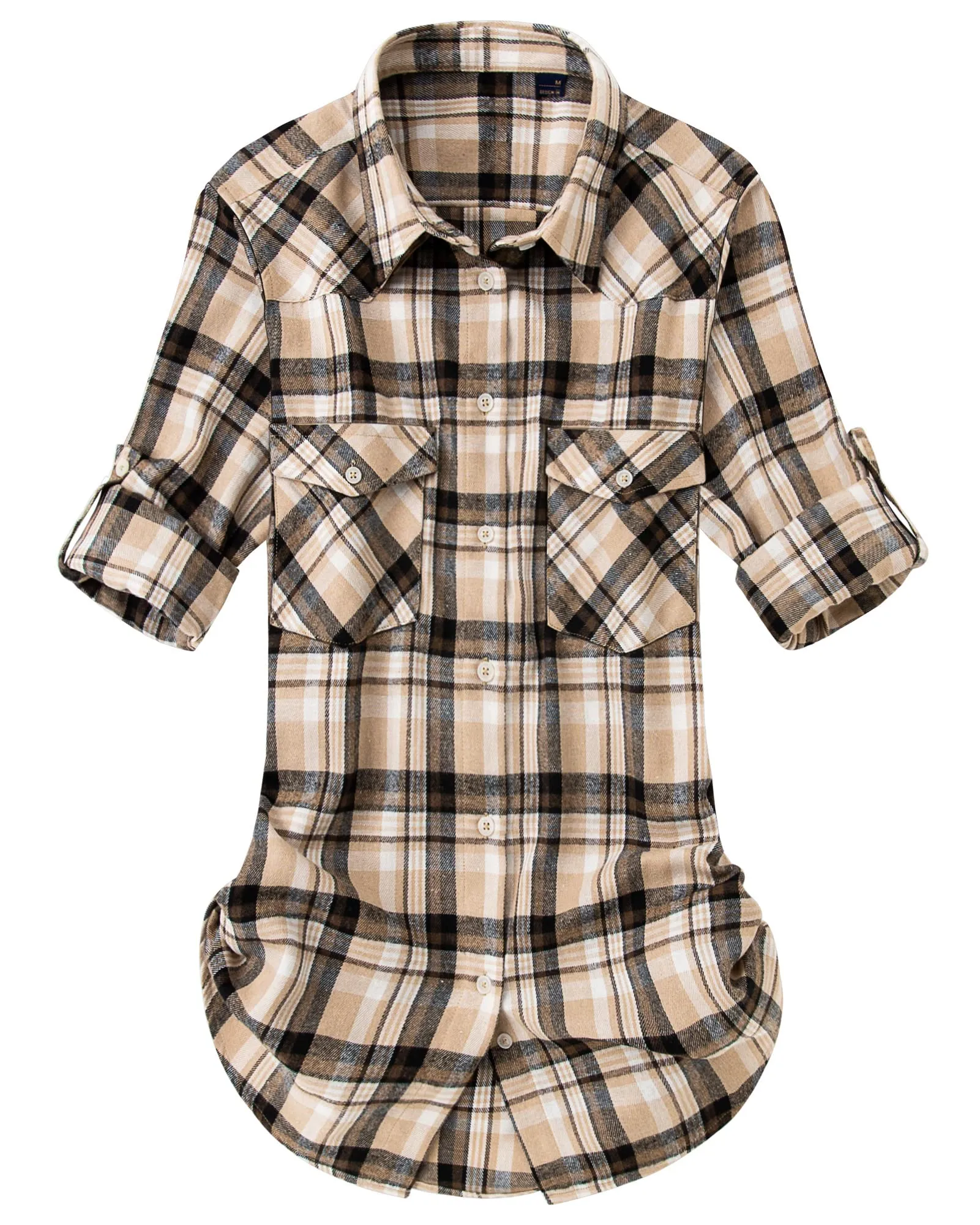Womens Plaid Flannel Shirts Long Sleeve Roll Up Casual Button Down Shirt